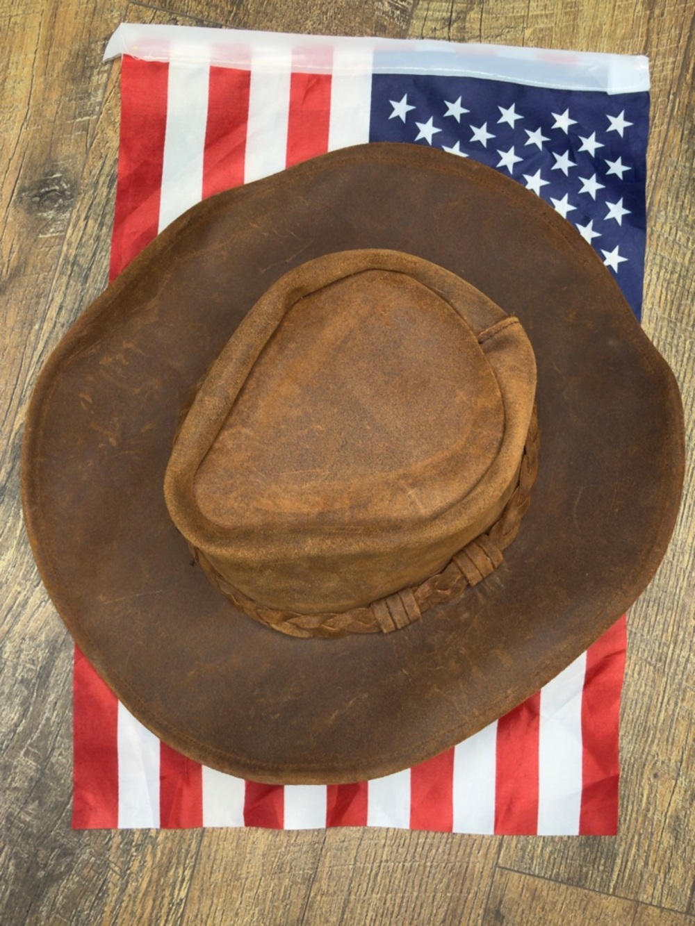 Minnetonka Leather Hat Brown Leather Outback Bush Western Braid Band USA  Size S - Picture 2 of 8